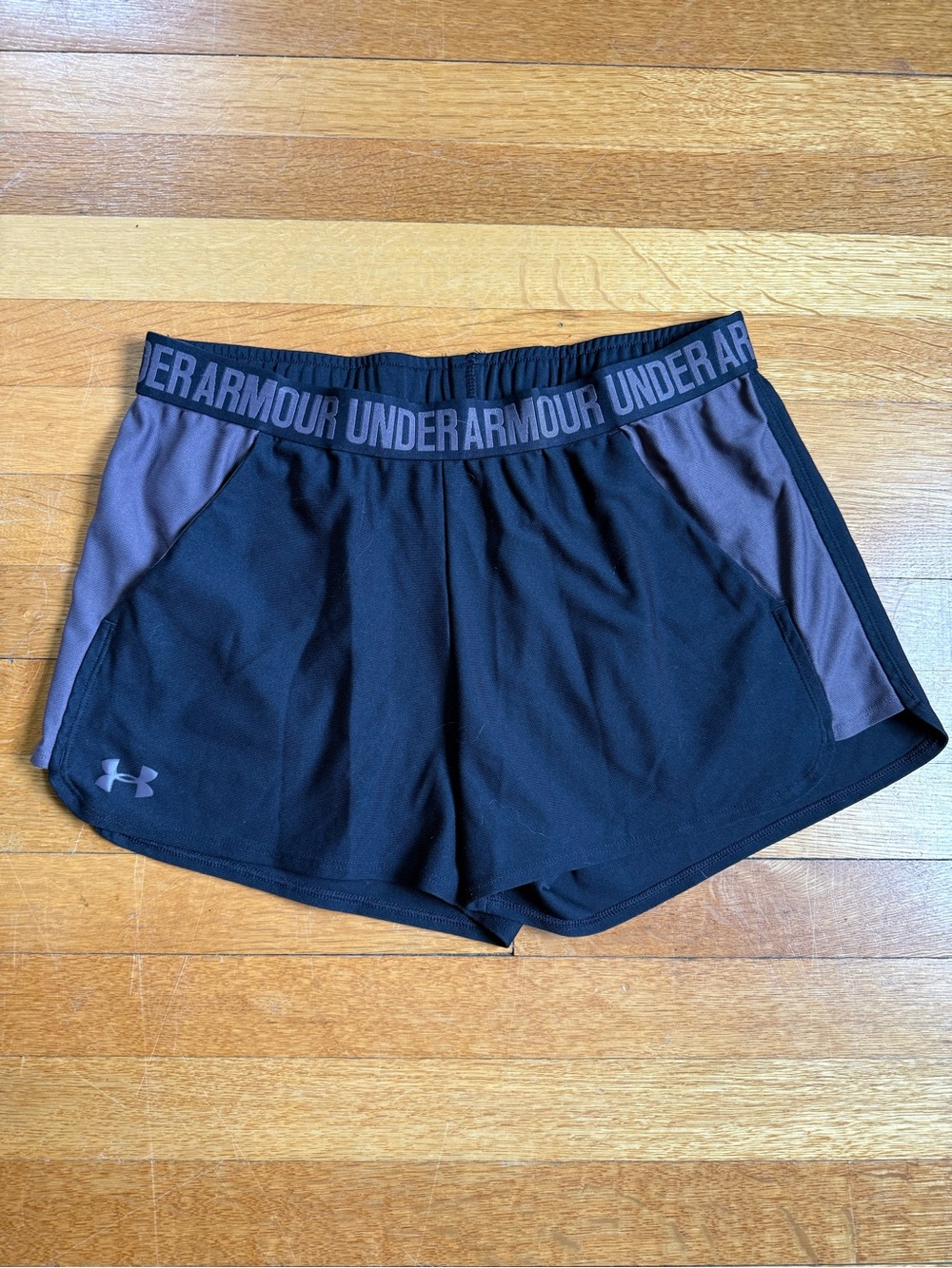LG Black Athletic Shorts with Purple Waistband and Side Panels